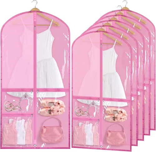 Vista 11 de 6 piezas de 24 x 50 pulgadas, bolsa de PVC transparente para ropa, bolsa de competición para disfraces de baile con cremallera de estante