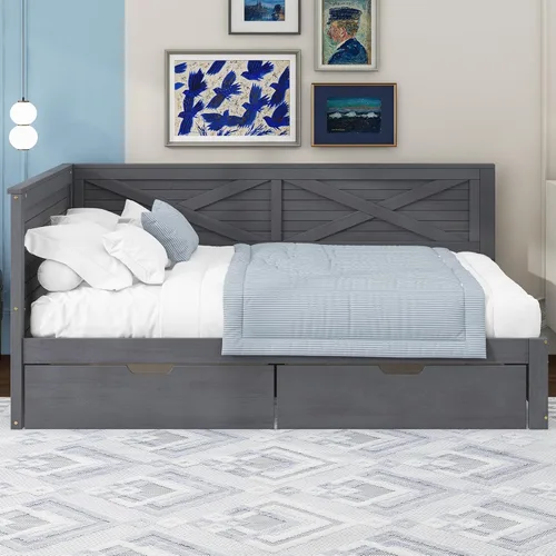 Vista 3 de Sofá cama de tamaño individual con 2 cajones y barandilla rústica, cama de plataforma capitán de madera con soporte de listones resistente, sofá