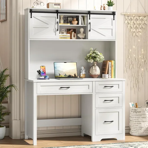 Vista 7 de Vabches Escritorio ejecutivo con gabinete, color blanco crema