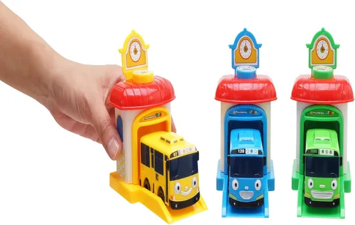 Vista 5 de Tayo pequeño autobús con estación para lanzar autos, set Rogi Tayo Rani