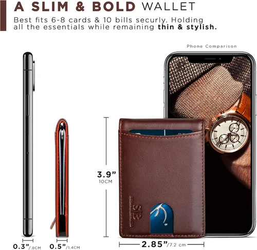 Vista 6 de SERMAN BRANDS RFID Blocking Slim Bifold Genuine Leather Minimalist Front Pocket Wallets for Men with Money Clip Thin Mens
