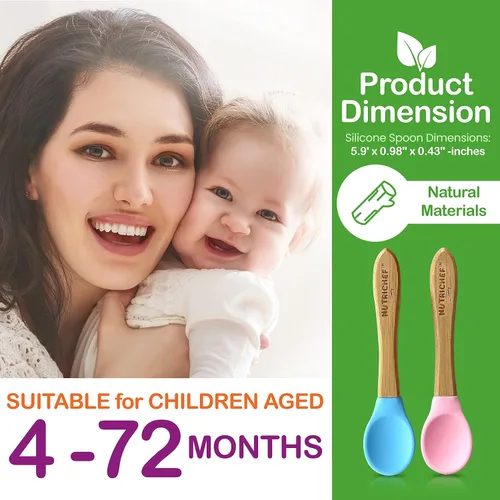 Vista 2 de Nutrichef Juego de 2 cucharas para bebés y niños pequeños, juego de cucharas de madera natural con cabezal de silicona suave y curvado de grado
