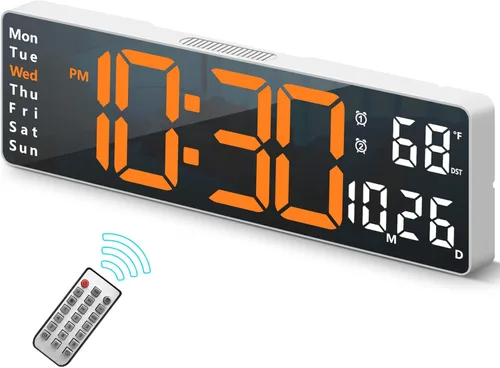 Vista 11 de Reloj de pared digital con pantalla grande, 16.2 pulgadas, reloj digital LED con control remoto para decoración de sala de estar, atenuador Naranja