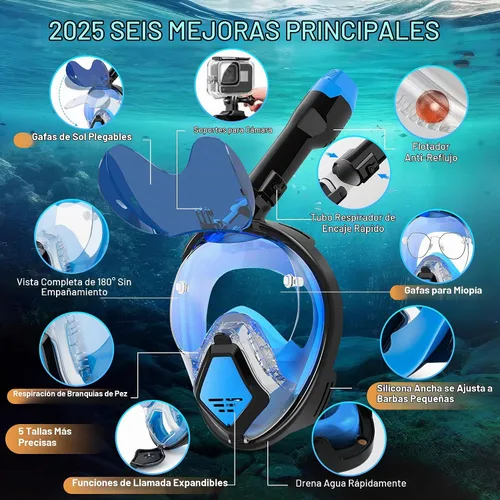 Vista 4 de Devilfish Full Face Snorkel Mask Adults, Dry Top System Snorkeling Set with Foldable Sunglasses, 180 Degree Panoramic View Snorkel Gear, Scuba