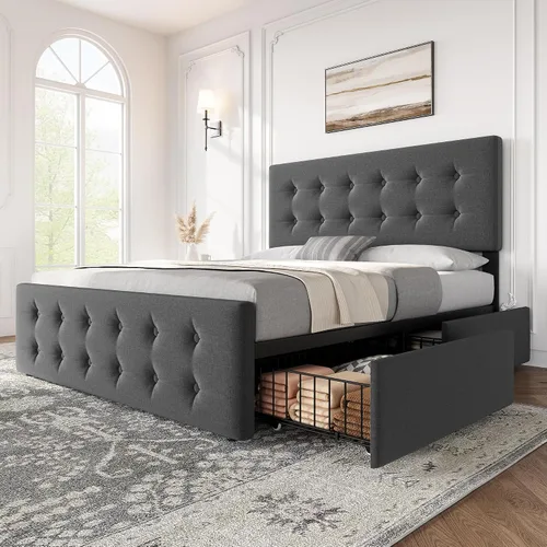 IDEALHOUSE base de cama tamaño matrimonial con 4 cajones de almacenamiento y cabecera ajustable, base de colchón tapizada con lino amigable con la
