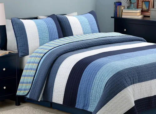 Vista 20 de Cozy Line Home Fashions Waylon - Juego de edredón reversible a rayas 100% algodón, color azul marino, verde y blanco, colcha