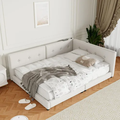 Vista 103 de Sofá cama de tamaño individual con 2 cajones y barandilla rústica, cama de plataforma capitán de madera con soporte de listones resistente, sofá