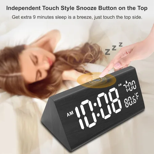 Vista 4 de DreamSky Wooden Digital Alarm Clock for Bedroom - 7.7" Electric Clocks with USB Port, Large Numbers, Temperature, 0-100% Brightness Dimmer
