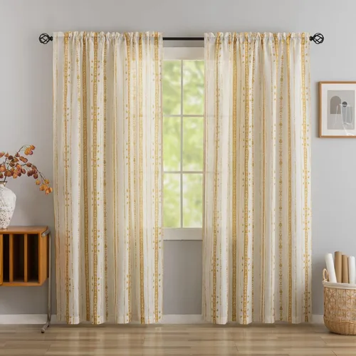 Vista 17 de Juego de 2 paneles de cortinas de lino bohemio, cortinas de semi privacidad para sala de estar, cortinas rústicas de campo de 54 pulgadas de largo