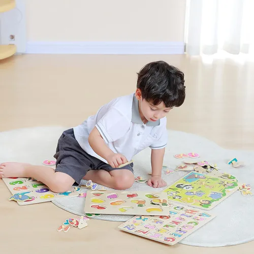Vista 3 de GRINNNIE - Rompecabezas de madera para niños pequeños de 3, 4, 5 años, juego de 4 rompecabezas de aprendizaje educativo Montessori, números, letras