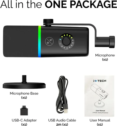 Vista 9 de IXTECH - Micrófono USB para juegos para PC, micrófono condensador con cancelación de ruido para podcasts y transmisión de video con soporte