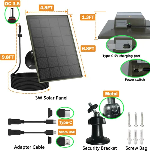 Vista 7 de Panel solar de 6000 mAh para cámara de seguridad Batería integrada de 3 W, micro USB de 5 V y USB-C y puerto CC de 0.138 in para cámara de batería