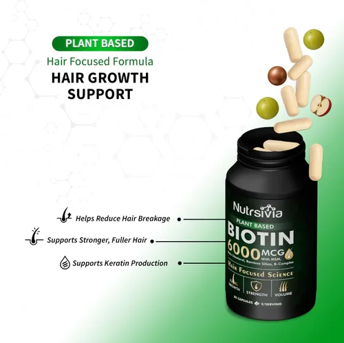 Vista 4 de Biotin 6000mcg Suplemento para el crecimiento del cabello con MSM y sílice de bambú, soporte para cabello, piel y uñas para mujeres y hombres, 80
