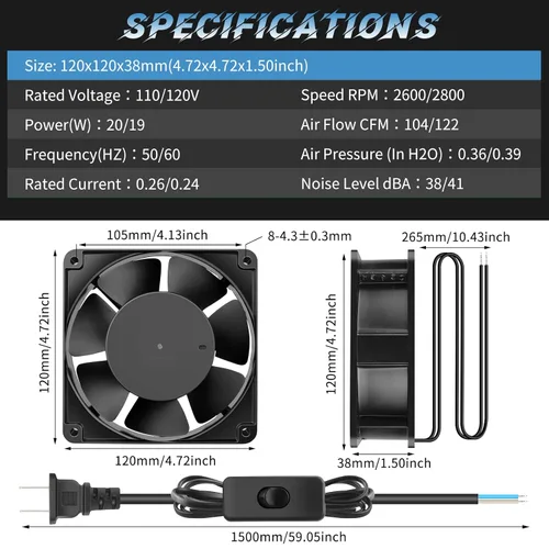 Vista 12 de Ventilador axial de alta velocidad para muffins de 6.772 in x 5.906 in x 2.008 in con interruptor de 110 V 120 V para proyectos de escape