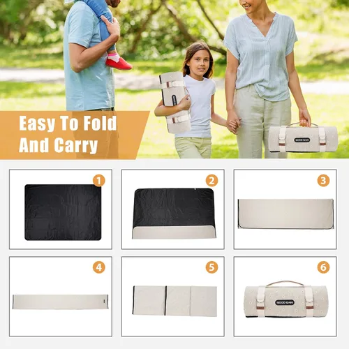 Vista 5 de Mantas de pícnic impermeables extragrandes y portátiles – Manta de playa plegable con correa de transporte Manta de parque para césped, Flor blanca