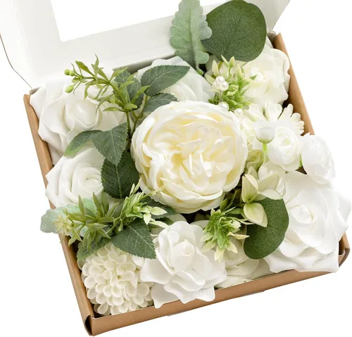 Vista 47 de Ling's moment Caja de flores artificiales, tallos de follaje artificial falso, rosas de espuma, dalia de seda, hierba de pampas, flor de tela