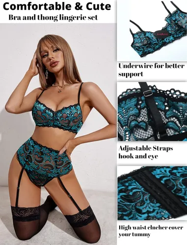 Vista 3 de Avidlove - Conjunto de lencería para mujer de cintura alta, lencería con cinturón, lencería