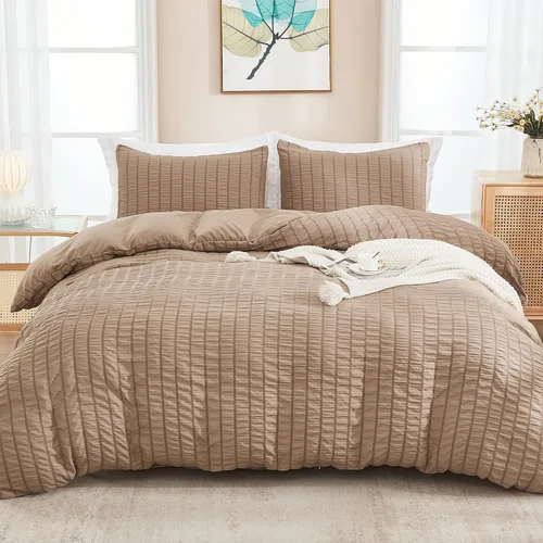 Vista 18 de AveLom - Juego de funda de edredón de 3 piezas, 1 funda de edredón y 2 fundas de almohada, microfibra milrayas suave, con cremallera y lazos en Beige