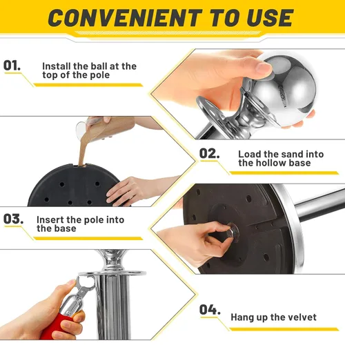 Vista 5 de Ferraycle 8 piezas de soportes de acero inoxidable 2025 Prom de 5 pies con cuerdas de terciopelo y postes para control de multitudes, aperturas