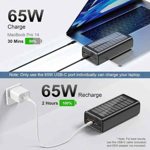 Vista 2 de boogostore Batería externa solar de 50000 mAh, 65 W, USB C, cargador portátil para laptop, batería externa para tableta, linterna LED, paquete