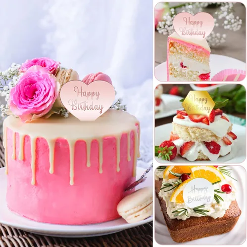 Vista 5 de 30 piezas de decoración para cupcakes de disco acrílico con espejo, hexagonal dorado, rosa redonda plateada y corazón dorado, decoración para tartas