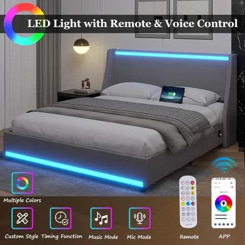 Vista 3 de VECELO Full Size Bed Frame with Storage Drawers, Upholstered Platform Bedframe with Wingback Headboard, No Box Spring Needed, Light Grey