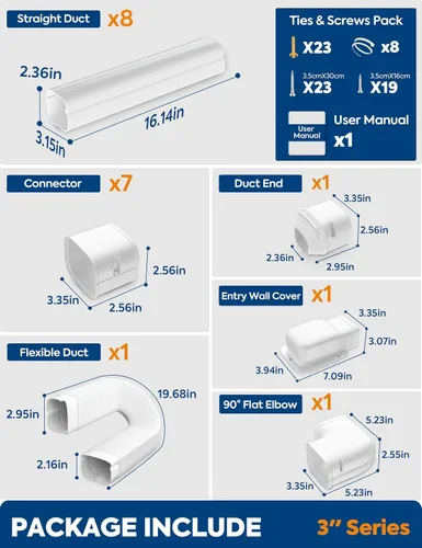 Vista 4 de Cubierta de Conjunto de Líneas de Mini Split de 3" 13 Pies con Conducto Flexible, Kit de Cubierta de Líneas Minisplit Decorativa de PP Mejorado