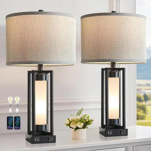 Vista 10 de Juego de 2 lámparas de mesa rústicas para sala de estar, con puertos USB C+A, lámpara de mesita de noche vintage de granja con luz nocturna ámbar