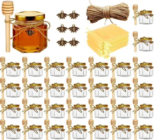 Vista 13 de Adabocute Mini tarros de miel – Tarro hexagonal de miel de vidrio con tapas doradas, cubos de madera, abalorios de abeja y yutes – Pequeños tarros