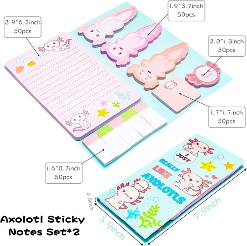 Vista 2 de Xqumoi Paquete de 2 notas adhesivas con texto en inglés "I Just Really Like Axolotl - Animal Mexican Walking Fish Self-Stick Notes Pads Divisor Tabs