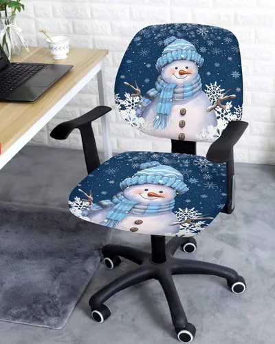 Vista 3 de Funda elástica para silla de oficina, diseño de muñeco de nieve, color azul marino, funda de asiento para silla de computadora, funda de respaldo