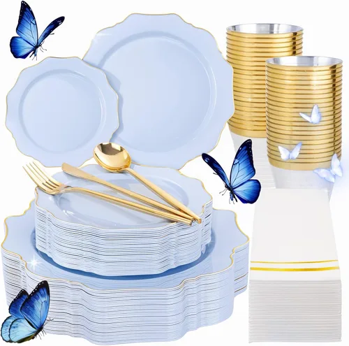 WDF 175 piezas platos de plástico azul – Platos azul bebé resistentes desechables – Vajilla de plástico para 25 invitados, ideal para Bule y Oro