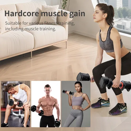 Vista 2 de Juego de mancuernas ajustables con 10 niveles de peso, mango antideslizante, sistema de ajuste rápido de peso, placas de acero endurecido, diseño