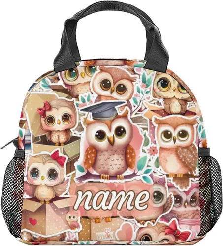 Vista 9 de Lonchera con diseño de búho para niñas y niños, reutilizable, aislada, con asa, pequeña, rosa, bonita, ideal para la escuela, picnic, viajes, al