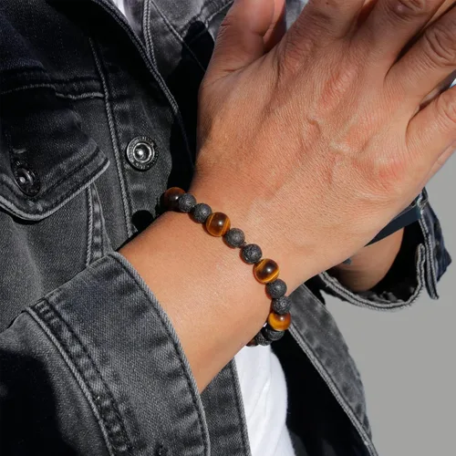Vista 2 de Protection Tigers Eye Crystal Mens Bracelets, Healing Tiger Eye Lava Stone Beaded Bracelets for Men, Handmade Essential Oil Diffuser Bracelet