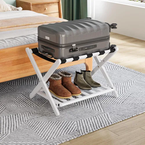 Vista 15 de Smuxee Portaequipajes de nogal totalmente montado, soporte de maleta plegable de bambú mejorado con 5 correas de nailon, soporte de equipaje