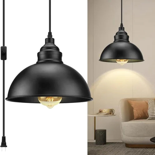 Vista 8 de Lámpara colgante enchufable, luces colgantes de 15 pies con cable de enchufe, interruptor de encendido/apagado, lámpara colgante industrial