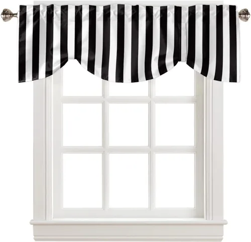 Cortinas de cenefa con amarre para ventanas, cenefa corta, cortinas de ventana pequeña, baño, sala de estar y cocina, rayas blancas y negras de 60 x