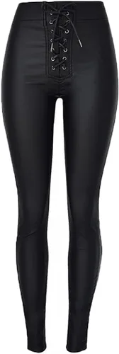 HEYDHSDC Pantalones de cuero de cintura alta mujeres con cordones pantalones negro Pu cuero lápiz pantalones