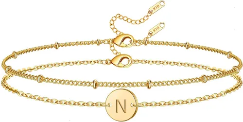 Vista 11 de Glimmerst Pulsera con inicial para mujer, chapada en oro de 18K, de acero inoxidable en capas, con monedas, pulsera con letra, cadena con cuentas