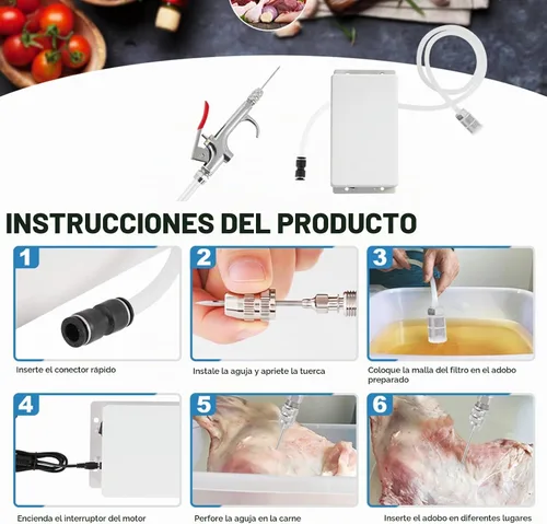 Vista 5 de Bomba eléctrica inyectora de carne con manguera, jeringa inyectora de marinada de acero inoxidable de 70 W con 10 agujas para barbacoa, pavo, cerdo