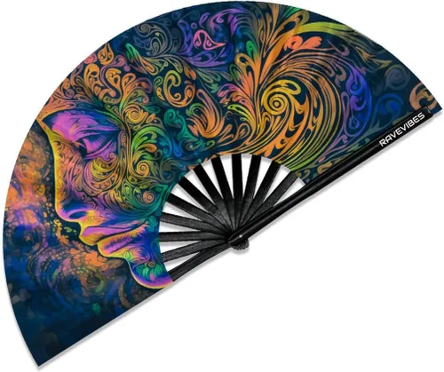 Vista 16 de Ravevibes Ventilador de mano plegable grande de 13 pulgadas, ventilador de bambú para festivales de bambú, ventiladores de Edm con brillo UV