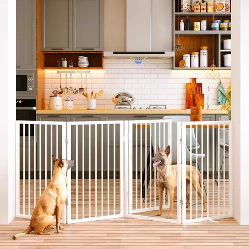 Vista 10 de Vantas Puerta plegable de metal para mascotas sin ensamblaje, puerta de 80" de ancho, puerta para perros de 24" extra alta con puerta de paso