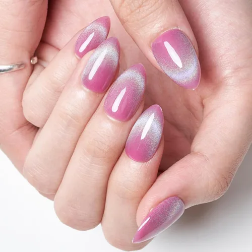 Vista 3 de GLAMERMAID Uñas postizas cortas a presión, color almendra, rosa arcoíris, rosa, primavera y verano, hechas a mano, pegamento de gel, 24 piezas