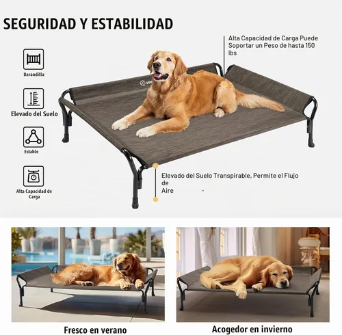 Vista 7 de Veehoo Cama elevada mediana para perro, barandilla, antideslizante, malla beige café