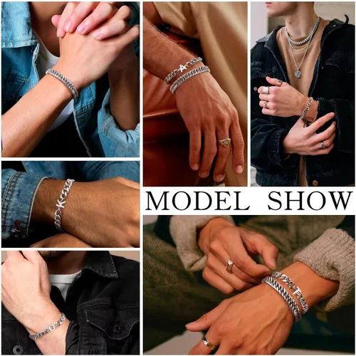 Vista 3 de Ritach Pulseras de plata con iniciales para hombre, 2 pulseras de acero inoxidable con cadena cubana con inicial para hombre, juego de pulseras