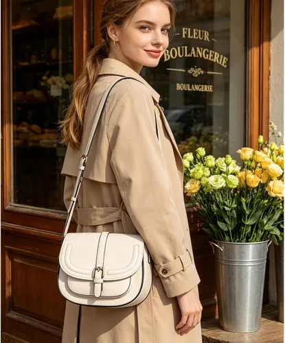 Vista 2 de Bolsa cruzada de cuero vegano para mujer, pequeña, para colgarla en el hombro, monedero, estilo bohemio Beige