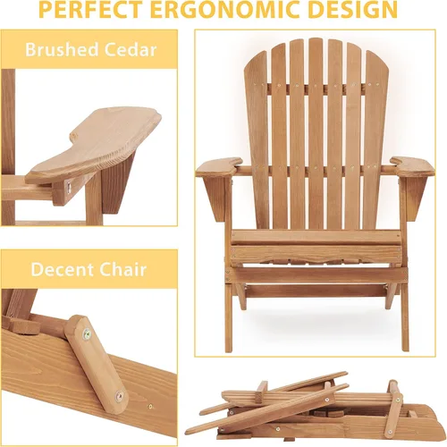 Vista 7 de Adirondack - Juego de 2 sillas plegables de madera para exteriores con respaldo de cedro macizo, cómoda silla de descanso para patio, terraza, Dorado