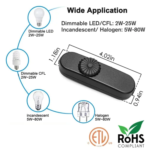Vista 2 de Interruptor de lámpara en línea, interruptor de atenuación giratorio de rango completo, reemplazo de interruptor de cable negro para lámpara de pie