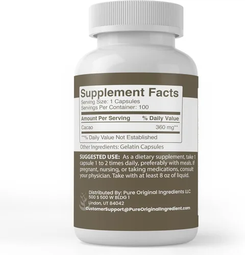 Vista 2 de Pure Original Ingredients Cacao, (100 cápsulas) siempre puro, sin aditivos ni rellenos, verificado por laboratorio